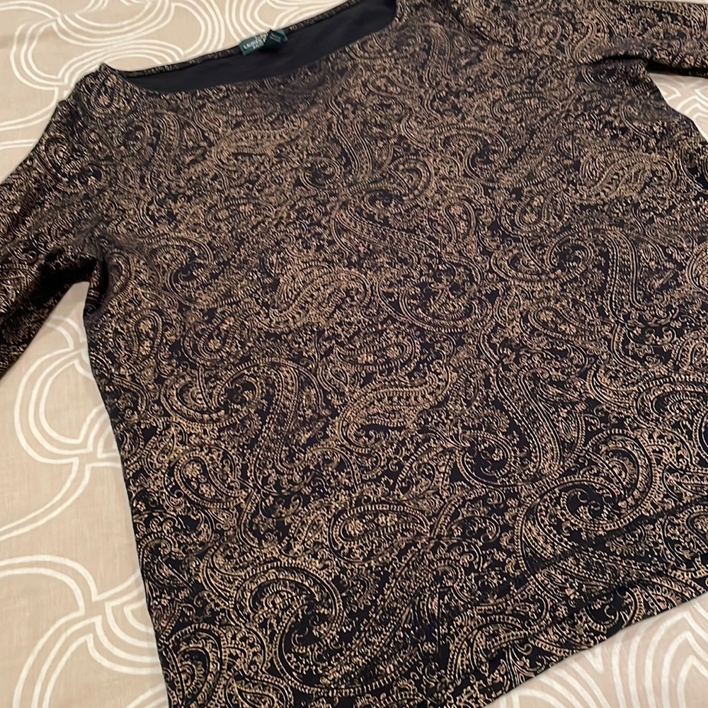 LRL Lauren Jeans top, 100% cotton, back/gold print, XL